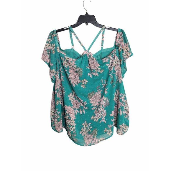 Torrid green & pink floral metallic swiss dot cold shoulder strappy neck top 2X - Picture 3 of 7